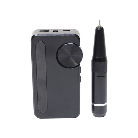 Black electronic device with a cylindrical component on a white background