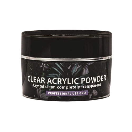 Clear acrylic powder container with black lid on a white background