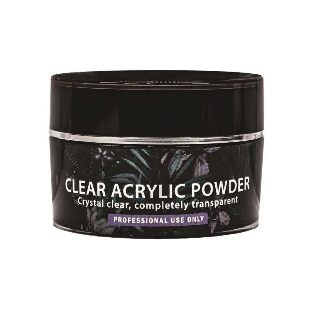 Clear acrylic powder container with black lid on a white background