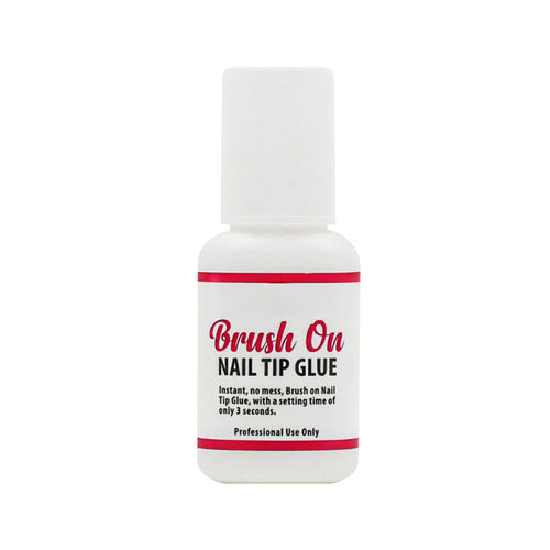 A bottle of Professional Brush On Nail Tip Glue with white and red label, indicating a setting time of 3 seconds and for professional use only.