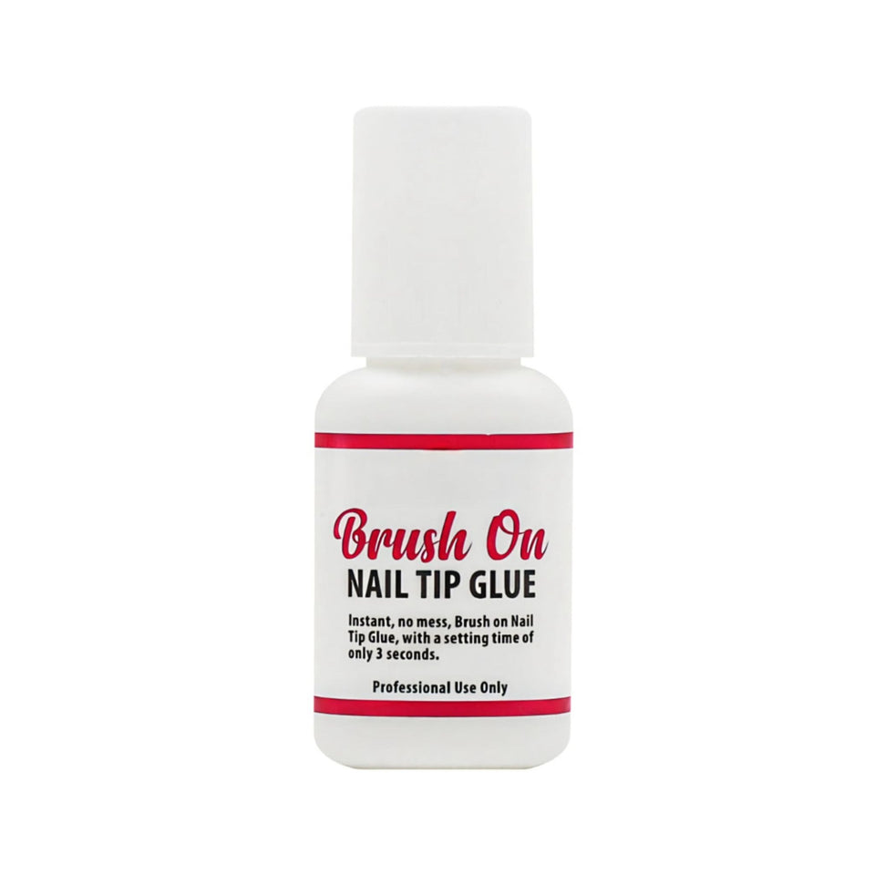 A bottle of Professional Brush On Nail Tip Glue with white and red label, indicating a setting time of 3 seconds and for professional use only.