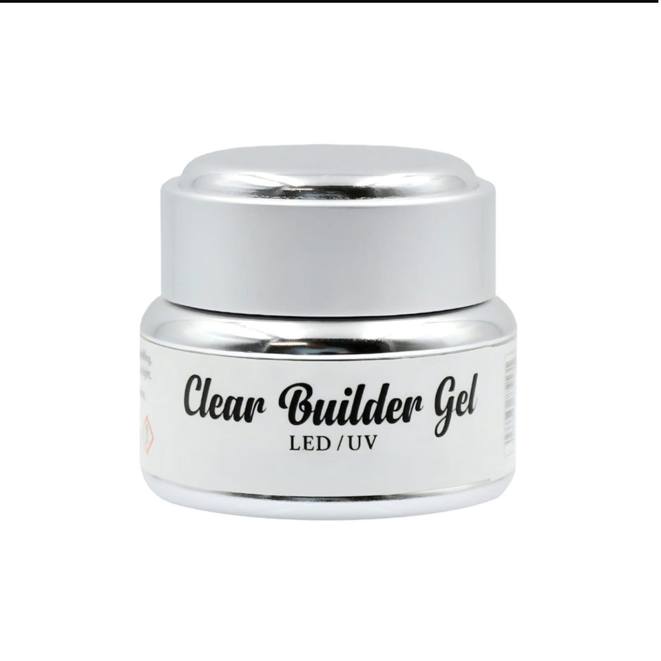 A container of clear builder gel labeled for LED/UV use, typically used in nail technology.