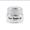 A container of clear builder gel labeled for LED/UV use, typically used in nail technology.