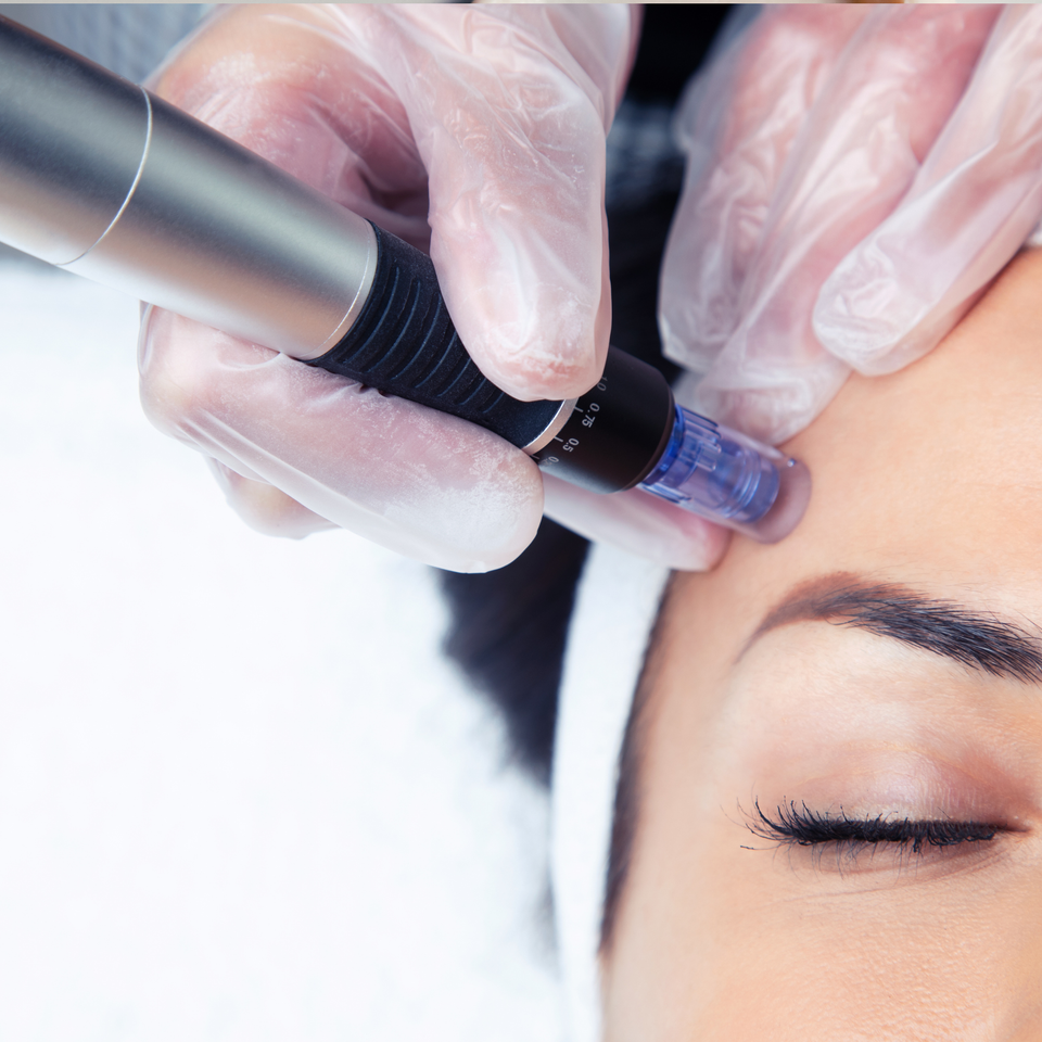 Close-up of a beauty practitioner wearing clear gloves using a silver and black micro-needling device on a client's forehead.
