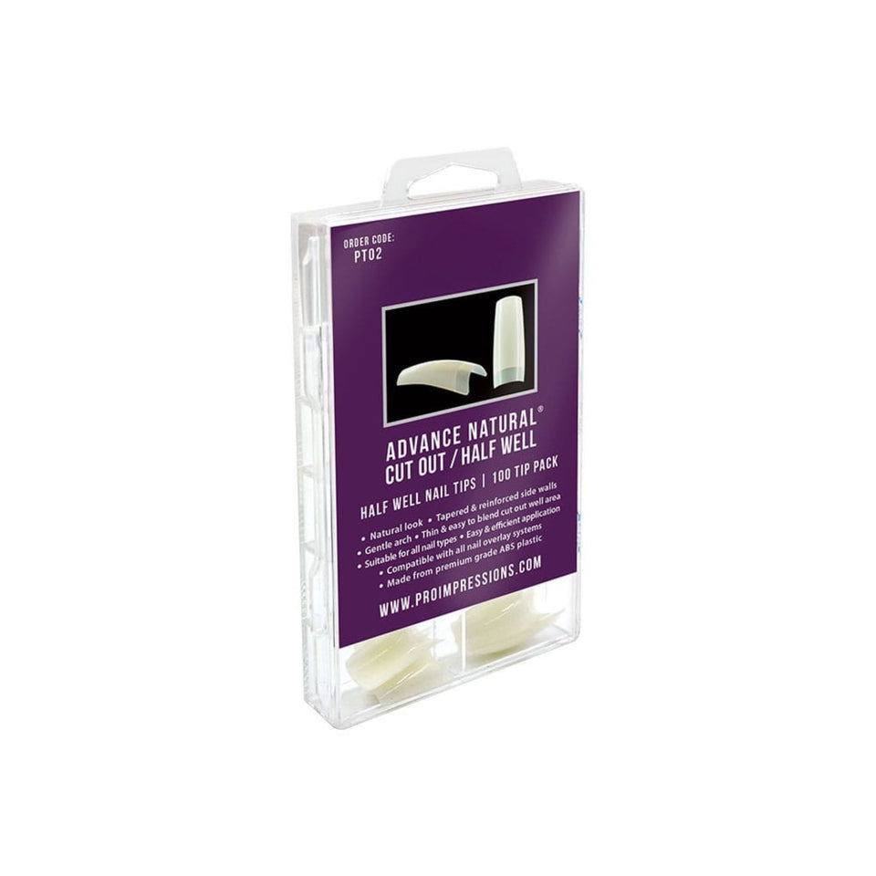 Packaging of Advance Natural cut-out half well nail tips with purple label on a white background