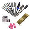 Collection of nail drill bits and accessories on a white background