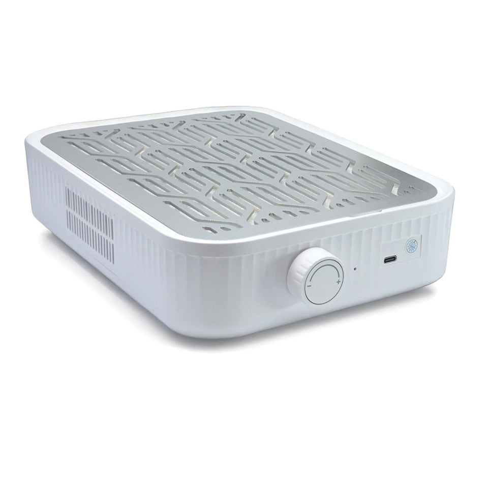 White electronic device with a control knob on a white background
