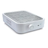 White electronic device with a control knob on a white background