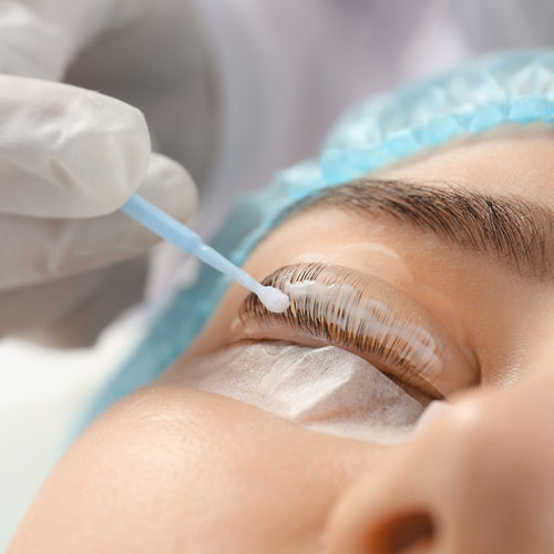 Close up image of lash lift treatment on model.