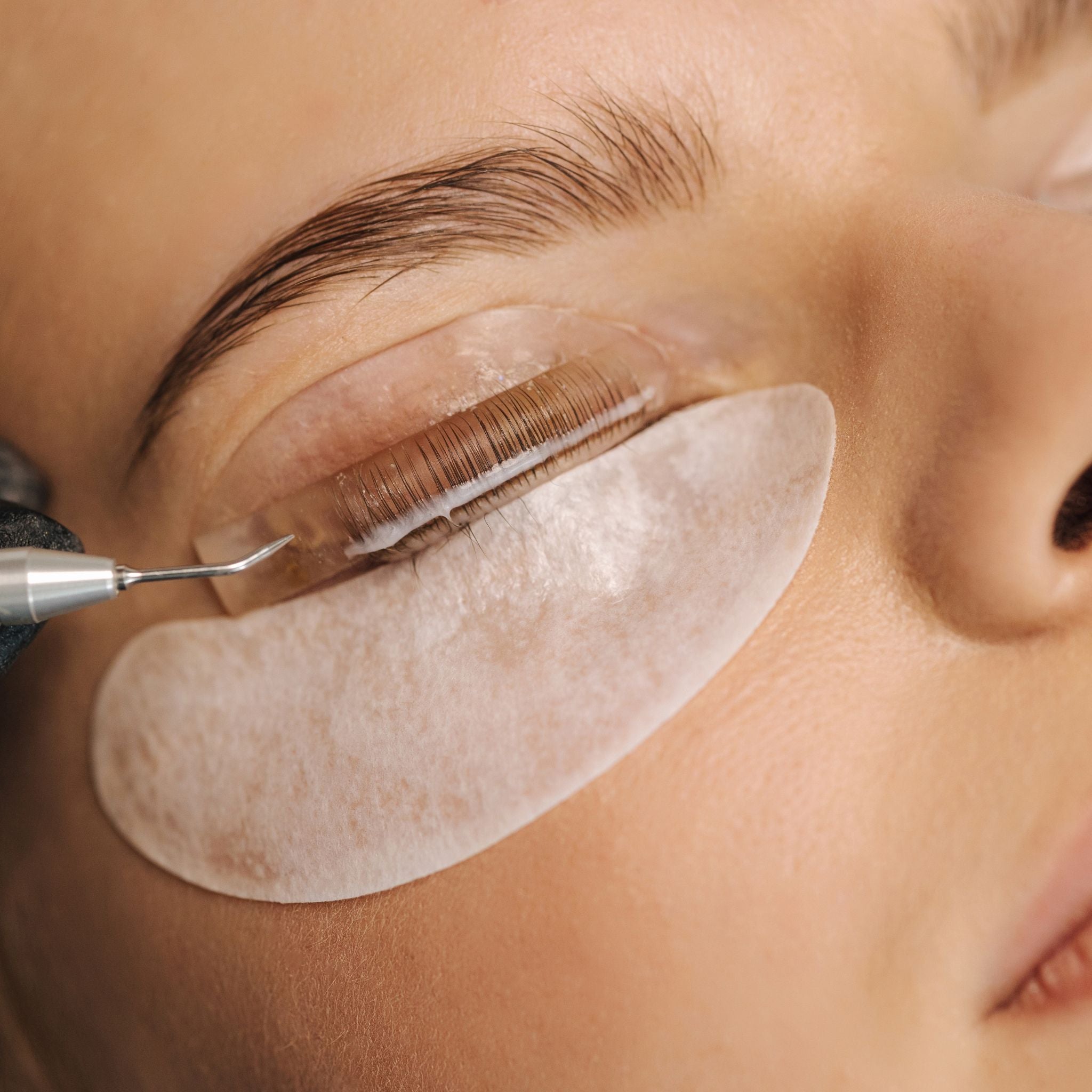 Close up image of lash lift on eye.